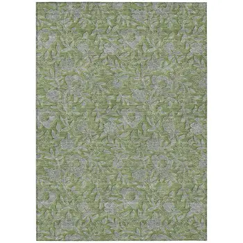 9' X 12' Olive Green And Gray Floral Washable Indoor Outdoor Area Rug