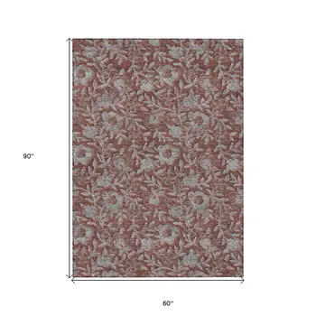 5' X 8' Orange Gray And Silver Floral Washable Indoor Outdoor Area Rug