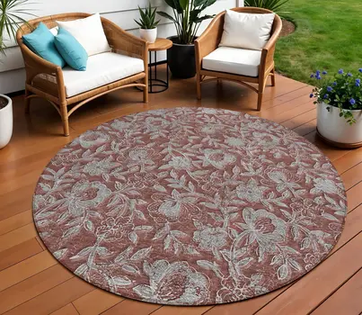8' Orange Gray And Silver Round Floral Washable Indoor Outdoor Area Rug