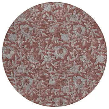 8' Orange Gray And Silver Round Floral Washable Indoor Outdoor Area Rug