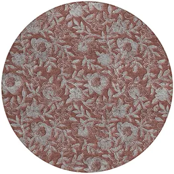 8' Orange Gray And Silver Round Floral Washable Indoor Outdoor Area Rug