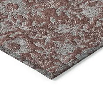9' X 12' Orange Gray And Silver Floral Washable Indoor Outdoor Area Rug