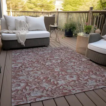 10' X 14' Orange Gray And Silver Floral Washable Indoor Outdoor Area Rug