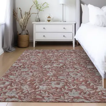 10' X 14' Orange Gray And Silver Floral Washable Indoor Outdoor Area Rug