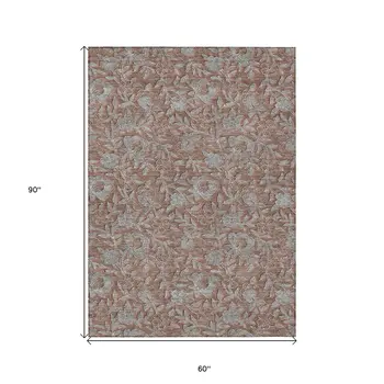 5' X 8' Terra Cotta Copper And Taupe Floral Washable Indoor Outdoor Area Rug
