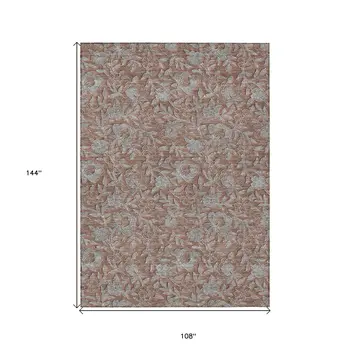 9' X 12' Terra Cotta Copper And Taupe Floral Washable Indoor Outdoor Area Rug