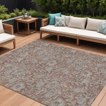 10' X 14' Terra Cotta Copper And Taupe Floral Washable Indoor Outdoor Area Rug