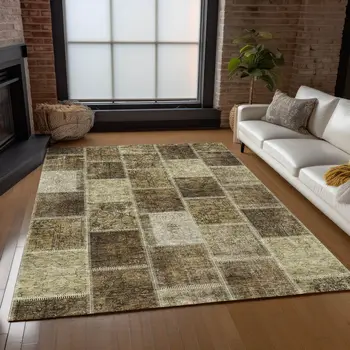 3' X 5' Brown Beige And Taupe Patchwork Washable Indoor Outdoor Area Rug