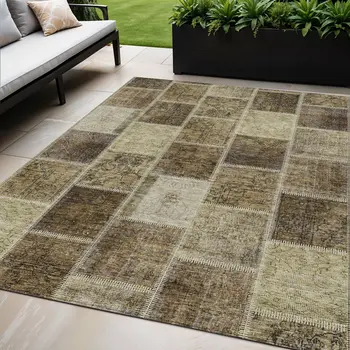 5' X 8' Brown Beige And Taupe Patchwork Washable Indoor Outdoor Area Rug