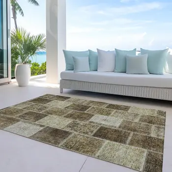 5' X 8' Brown Beige And Taupe Patchwork Washable Indoor Outdoor Area Rug