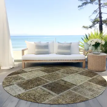 8' Brown Beige And Taupe Round Patchwork Washable Indoor Outdoor Area Rug
