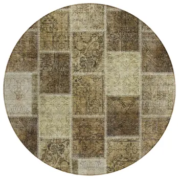 8' Brown Beige And Taupe Round Patchwork Washable Indoor Outdoor Area Rug