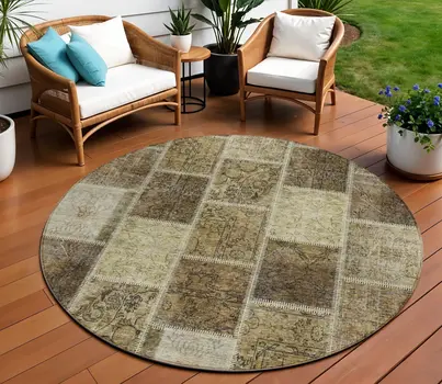 8' Brown Beige And Taupe Round Patchwork Washable Indoor Outdoor Area Rug