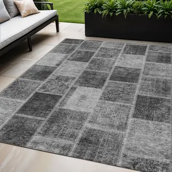 5' X 8' Gray Charcoal And Silver Patchwork Washable Indoor Outdoor Area Rug