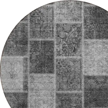 8' Gray Charcoal And Silver Round Patchwork Washable Indoor Outdoor Area Rug