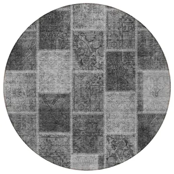 8' Gray Charcoal And Silver Round Patchwork Washable Indoor Outdoor Area Rug