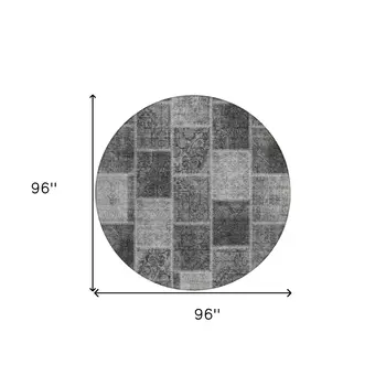 8' Gray Charcoal And Silver Round Patchwork Washable Indoor Outdoor Area Rug