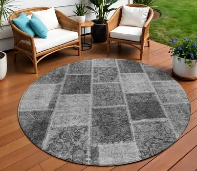 8' Gray Charcoal And Silver Round Patchwork Washable Indoor Outdoor Area Rug