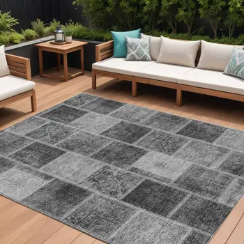 8' X 10' Gray Charcoal And Silver Patchwork Washable Indoor Outdoor Area Rug