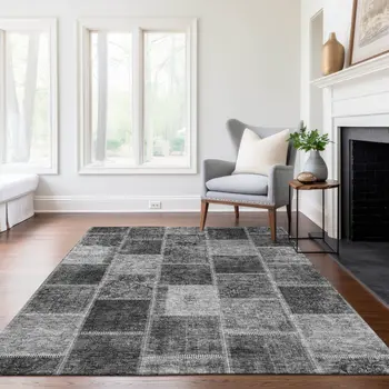 8' X 10' Gray Charcoal And Silver Patchwork Washable Indoor Outdoor Area Rug