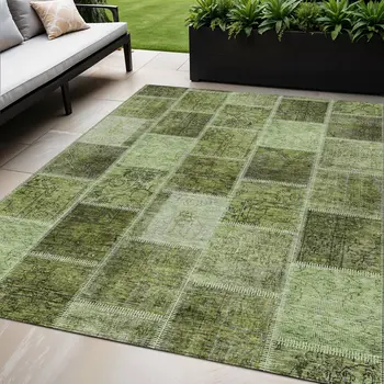 5' X 8' Olive Green And Artichoke Green Patchwork Washable Indoor Outdoor Area Rug
