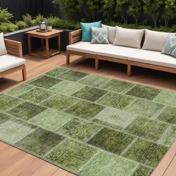 8' X 10' Olive Green And Artichoke Green Patchwork Washable Indoor Outdoor Area Rug