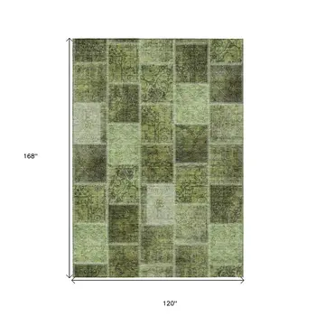 10' X 14' Olive Green And Artichoke Green Patchwork Washable Indoor Outdoor Area Rug