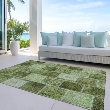 10' X 14' Olive Green And Artichoke Green Patchwork Washable Indoor Outdoor Area Rug