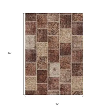 5' X 8' Orange Copper And Beige Patchwork Washable Indoor Outdoor Area Rug