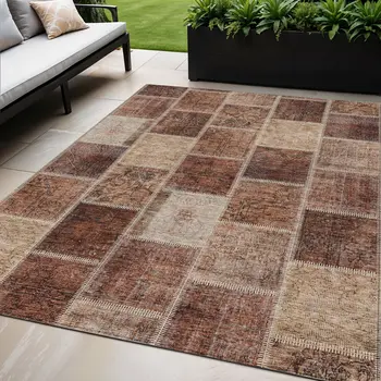 5' X 8' Orange Copper And Beige Patchwork Washable Indoor Outdoor Area Rug