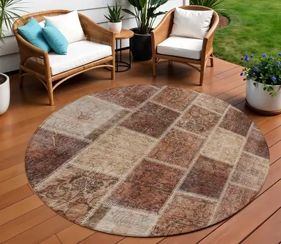 8' Orange Copper And Beige Round Patchwork Washable Indoor Outdoor Area Rug