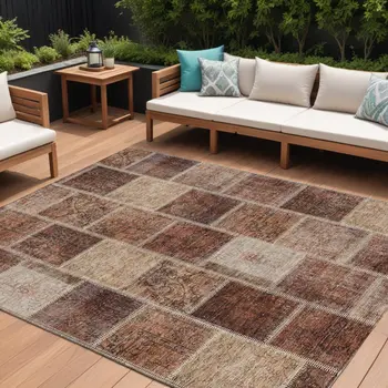 9' X 12' Orange Copper And Beige Patchwork Washable Indoor Outdoor Area Rug