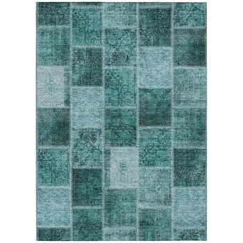 3' X 5' Teal Blue Aqua And Charcoal Patchwork Washable Indoor Outdoor Area Rug