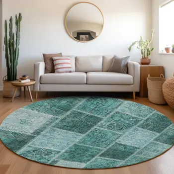 8' Teal Blue Aqua And Charcoal Round Patchwork Washable Indoor Outdoor Area Rug