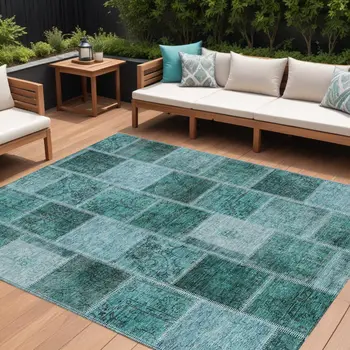 10' X 14' Teal Blue Aqua And Charcoal Patchwork Washable Indoor Outdoor Area Rug