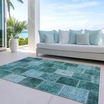 10' X 14' Teal Blue Aqua And Charcoal Patchwork Washable Indoor Outdoor Area Rug