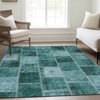 10' X 14' Teal Blue Aqua And Charcoal Patchwork Washable Indoor Outdoor Area Rug