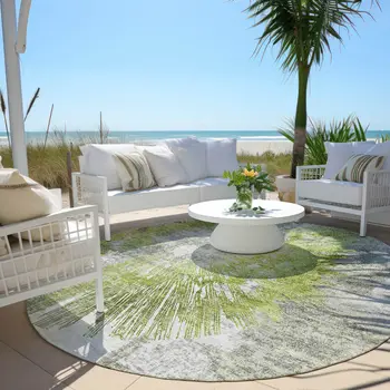 8' Artichoke Green Gray And Charcoal Round Abstract Washable Indoor Outdoor Area Rug