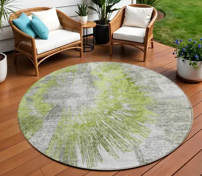 8' Artichoke Green Gray And Charcoal Round Abstract Washable Indoor Outdoor Area Rug