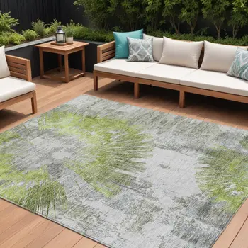9' X 12' Artichoke Green Gray And Charcoal Abstract Washable Indoor Outdoor Area Rug