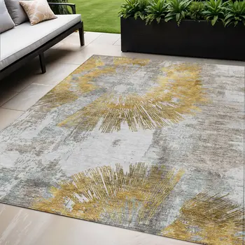 5' X 8' Gold Beige And Ivory Abstract Washable Indoor Outdoor Area Rug