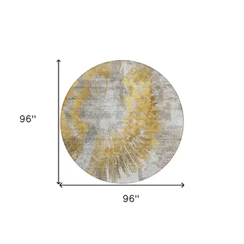 8' Gold Beige And Ivory Round Abstract Washable Indoor Outdoor Area Rug