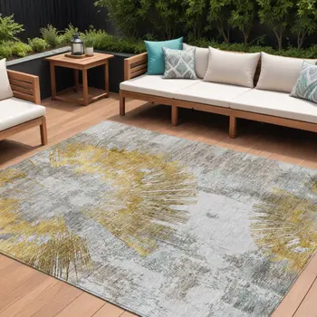 9' X 12' Gold Beige And Ivory Abstract Washable Indoor Outdoor Area Rug