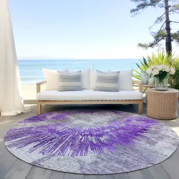 8' Purple Gray And Charcoal Round Abstract Washable Indoor Outdoor Area Rug