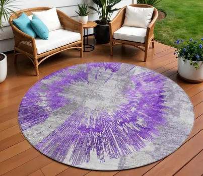 8' Purple Gray And Charcoal Round Abstract Washable Indoor Outdoor Area Rug
