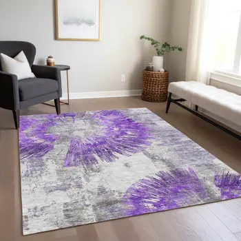 10' X 14' Purple Gray And Charcoal Abstract Washable Indoor Outdoor Area Rug