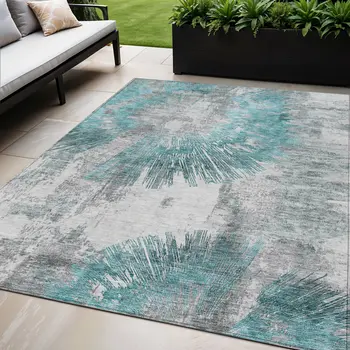 5' X 8' Teal Blue Aqua And Gray Abstract Washable Indoor Outdoor Area Rug