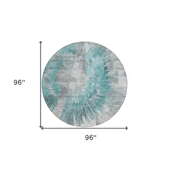 8' Teal Blue Aqua And Gray Round Abstract Washable Indoor Outdoor Area Rug