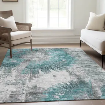 8' X 10' Teal Blue Aqua And Gray Abstract Washable Indoor Outdoor Area Rug