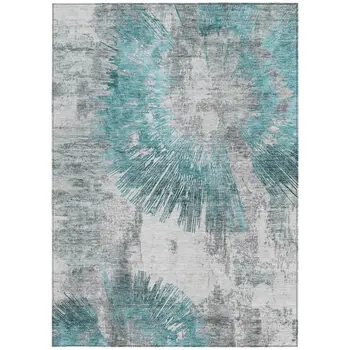 9' X 12' Teal Blue Aqua And Gray Abstract Washable Indoor Outdoor Area Rug